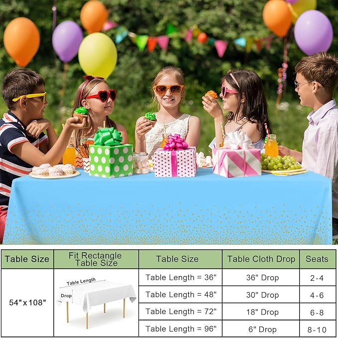 misaya 3 Packs Dot Disposable Table Cloth, 54 x 108 Inch Waterproof Plastic Tablecloth, Rectangle Gold Dots in Light Blue Table Covers for Easter, Picnic, Birthday, Party