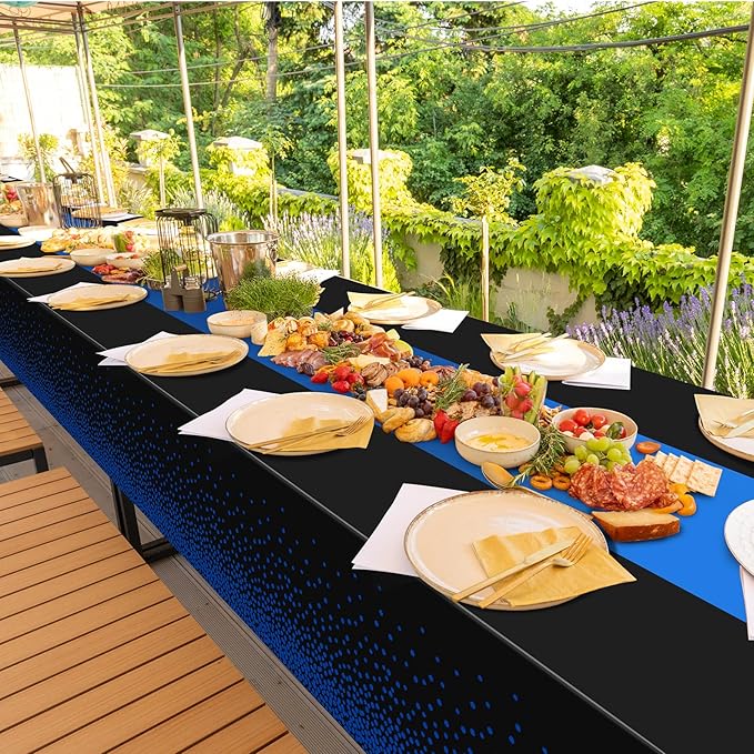 MASHAN 1Pcs Black and Blue Tablecloth Party Decorations,Plastic Black Table Cloth Printed Blue Table Runner Disposable Rectangle Cover for Birthday Wedding Anniversary Graduation Party,54 x108 Inch