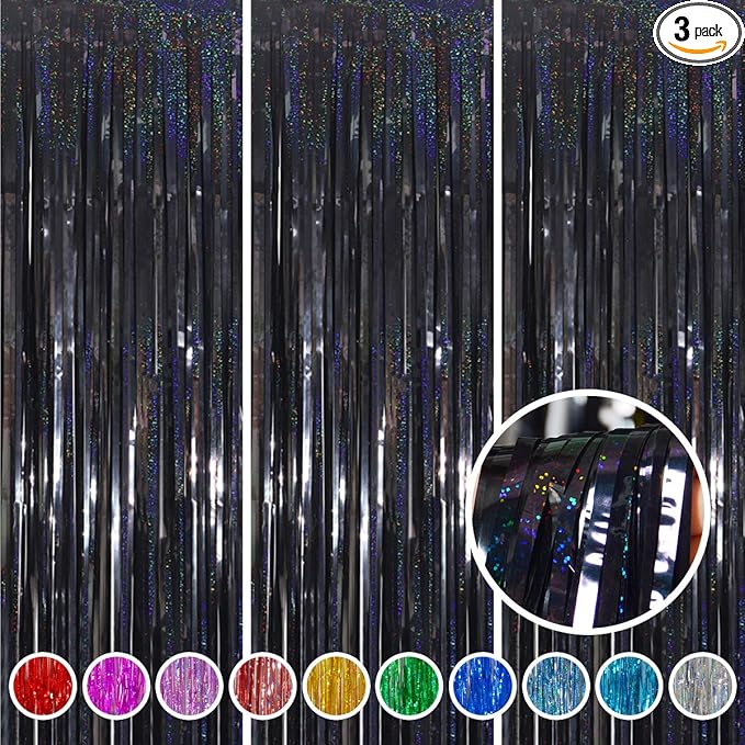 Graduation Decorations 2026 Foil Fringe Curtains- Melsan 3 Pack 3.2 x 8.2 ft Black Tinsel Curtain Photo Backdrop for Birthday Decorations Retirement Party Decorations Black