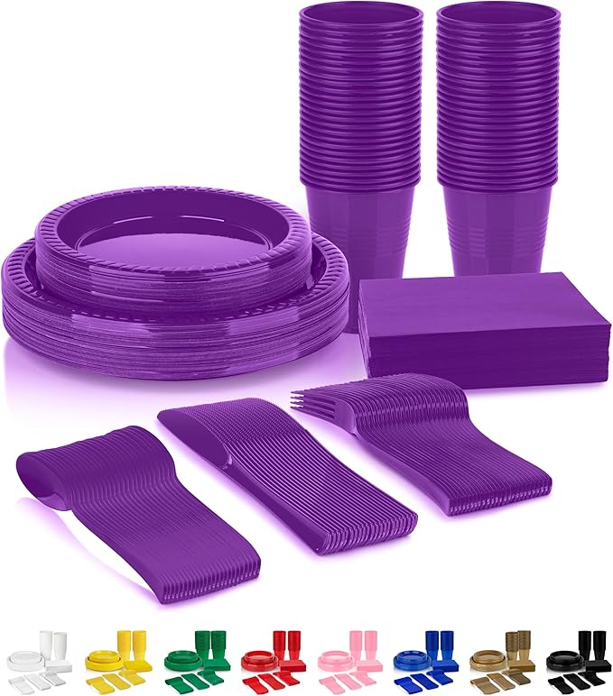Grandipity 350 Piece Purple Disposable Dinnerware Set, Includes 50 of Each: 9" Dinner Plates, 7" Dessert Plates, 12oz Cups, Paper Napkins, Forks, Knives & Spoons