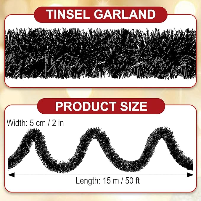 50 Feet Black Christmas Tinsel Garland, Metallic Foil Twist Garland Wall Hanging Tinsel Banner Backdrop for Parade Floats, Easter, Mother's Day, Wedding Party Decorations (2in x 50ft)
