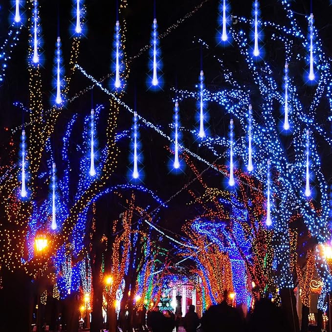 FUNPENY Meteor Shower Rain Lights, 864 LED Christmas Lights Icicle Snow Falling Christmas Lights Outdoor Raindrop Lights, 30cm 24 Tubes Xmas Tree Holiday Decoration (Blue)