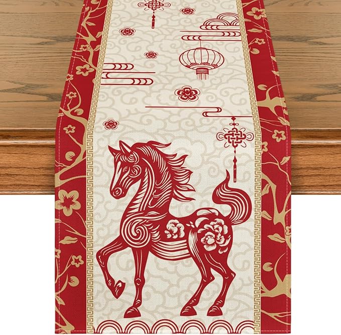 Artoid Mode Paper Cutting Style Chinese Zodiac Horse Happy 2026 Lunar New Year Table Runner, Spring Festival Winter Kitchen Dining Table Decoration for Home Party 13x48 Inch
