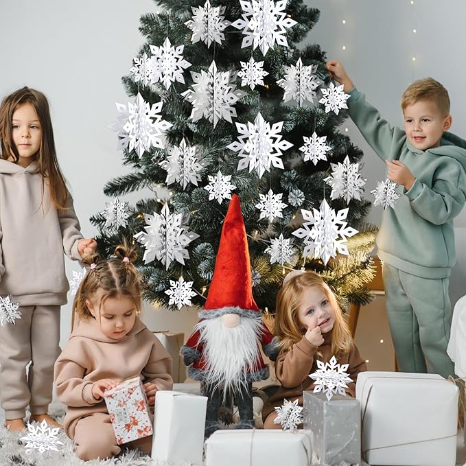 OuMuaMua Winter Christmas Snowflake Decorations Indoor, 36PCS 3D Large White and Silver Snowflakes Hanging Ornaments for Home Xmas Christmas Holiday Winter Wonderland New Year Party Decorations