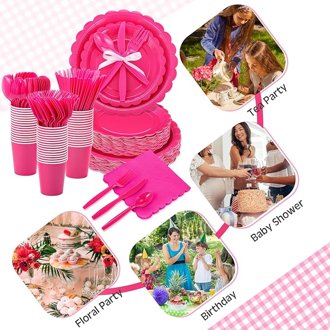 350 Pcs Hot Pink Plates and Napkins, 50 Guest Breast Cancer Awareness Party Supplies Include Scalloped Paper Plates Napkins Cups Plastic Spoons Forks Knives Disposable Tableware Set for Women