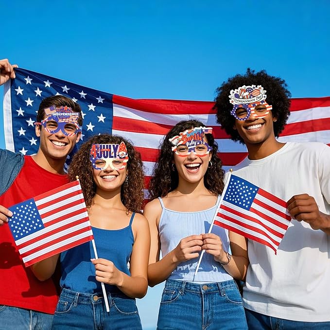 CURASA 9PCS American Flag Glasses 4th Of July Paper Glasses Patriotic Party Decorations Red White Blue Eyewear Memorial Day Sunglasses Independence Day Outfits Photo Booth Props Favor Gifts For Adults