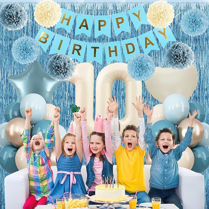 Dusty Blue 10th Birthday Party Decorations Boys Girls Beige Cream Number 10 Balloon with Blue Gold Happy Birthday Banner Fringe Curtain Paper Pom Poms Nude White Sand Champagne Star Foil Balloons