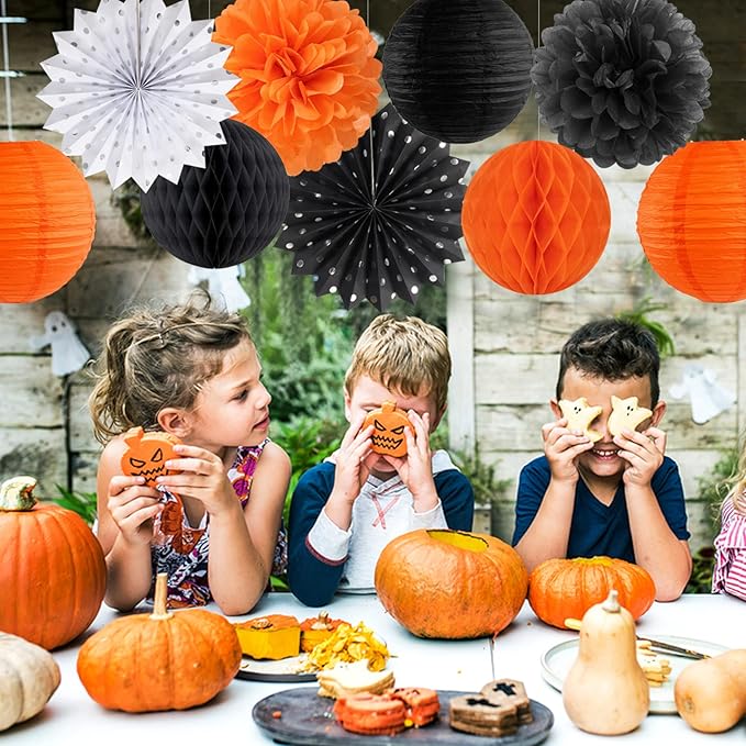 Black Orange White Halloween Party-Decorations - 14pc Kit Paper Lanterns Fan,Tissue Flower Pom Poms Streamers,Honeycomb Balls,Graduation 2024 Birthday Wedding Baby Bridal Shower Decor Lasting Surprise