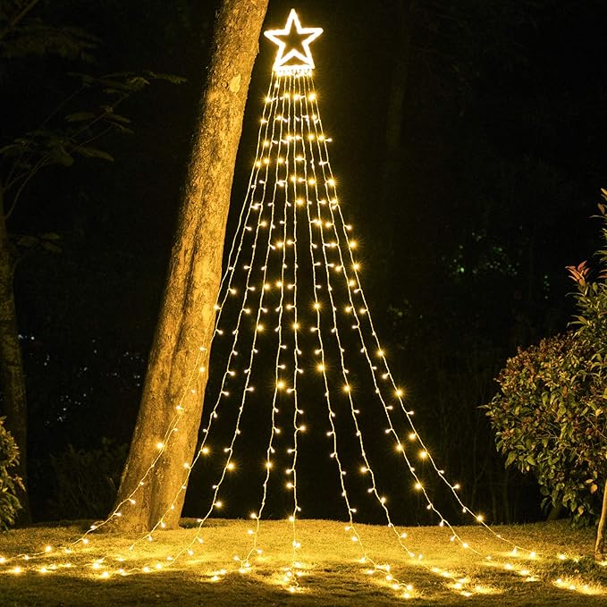 PUHONG Christmas Decoration, Outdoor Star String Lights, Christmas Tree Toppers Lights 320 LED 8 Modes with 12" Lighted Star for Halloween Christmas New Year Holiday Birthday Decor (Warm White)
