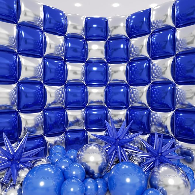 50pcs Navy Blue and Silver Square Foil Balloons Wall Backdrop with 147pcs Dark Blue and Silver Balloon Garland Arch Kit, Double Sided Balloon Tunnel for Birthday Graduation Party Decorations