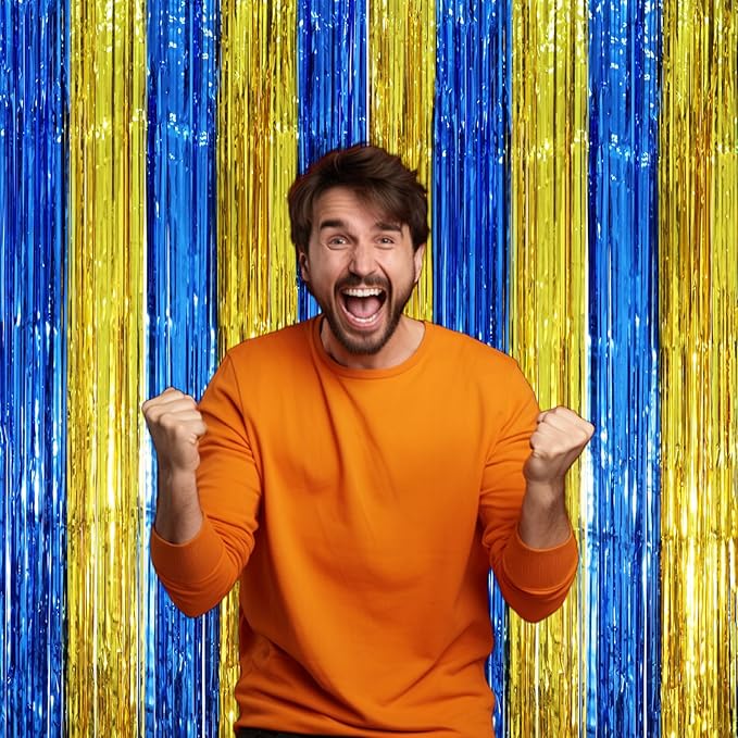 2 Pack Blue Gold Foil Fringe Backdrop Curtains, Graduation Tinsel Streamers Party Decorations, Fringe Backdrop, Door Shimmer for Birthday Party
