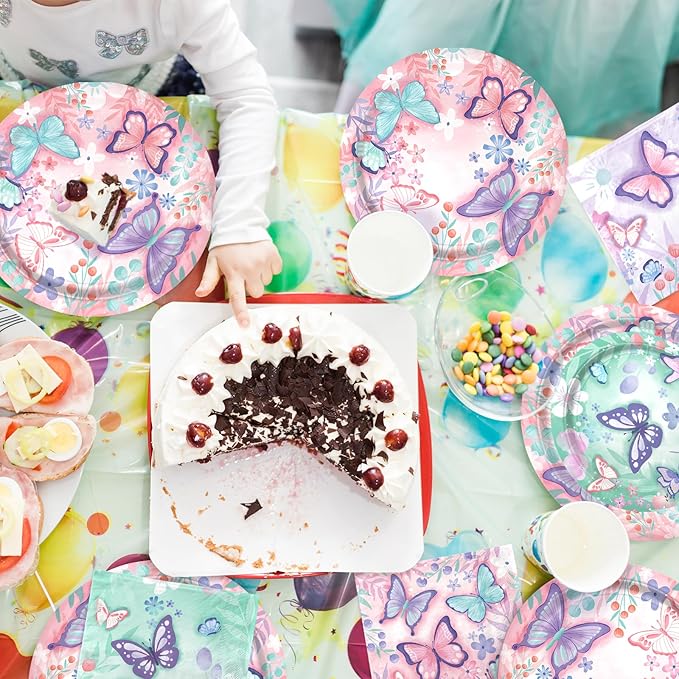 Butterfly Birthday Party Supplies Set - Includes Disposable Plates, Cups, Napkins, Tablecloth, and Banner | Butterfly Party Decorations for Girls Birthday Celebration,Serve 24