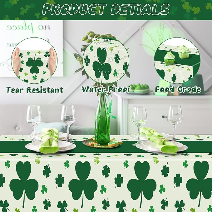 QZYL 3 Pack St Patricks Day Decorations, 108" X 54" St Patricks Day Tablecloth, Disposable Plastic Shamrock Green Tablecloths Grass Table Cover, Irish Holiday Table Cloth for Shamrock Party Supplies