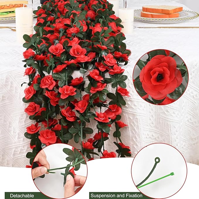 MARTINE MALL Flower Garland Rose Vines, 8 Strands 66Ft Flowers Vines for Bedroom, Rose Flower Garland Decoration, Red Rose Floral Garland for Room Table Birthday Wedding Party Garden Wall Decor