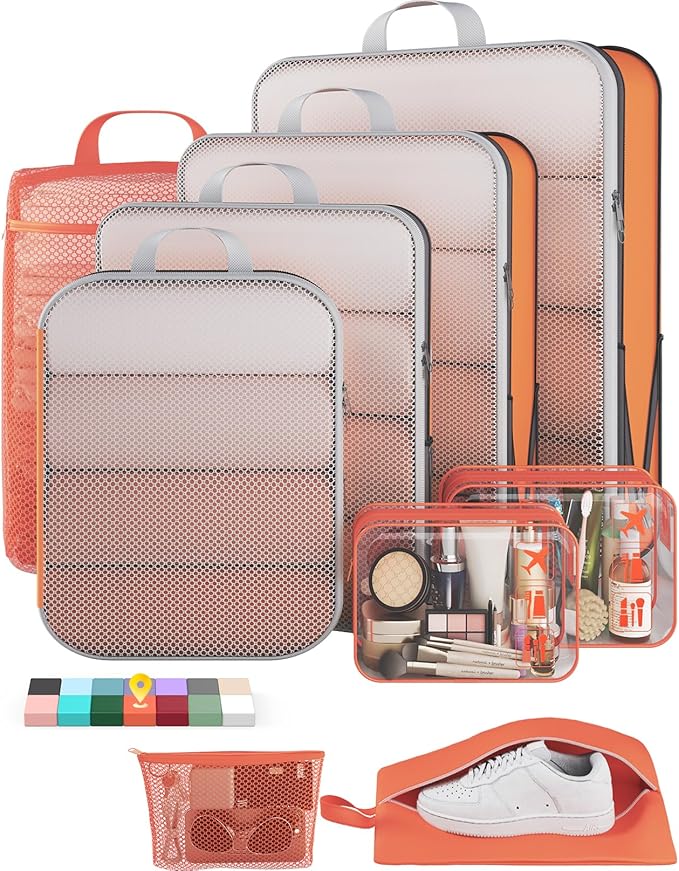 Veken 9/11 Set Compression Packing Cubes for Travel Essentials,Compressible Expandable Large Luggage Suitcase Organizer Bags for Clothing,Durable Space Saver Storage Bags with Toiletry Bags(Orange)