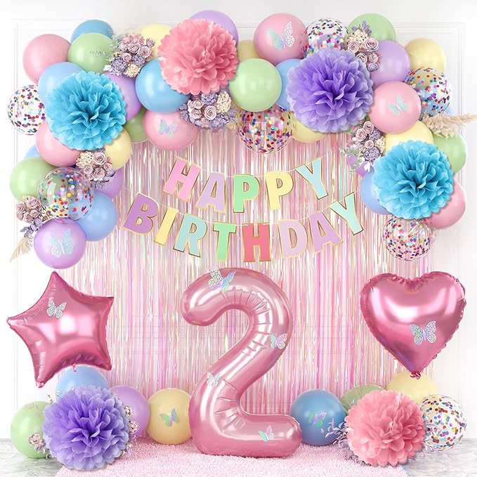 Pastel 2nd Birthday Party Decorations for Girls Number 2 Balloon Happy Birthday Banner Butterfly Stickers Fringe Curtain Paper Pom Poms Macaron Pink Star Foil Colorful Balloons Baby 2 Year Old Decor