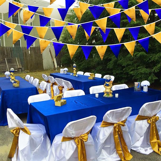 Royal Blue Gold Party Decoration Navy Blue Gold Triangle Pennant Banner Flag Metallic Fabric Bunting Garland for Graduation Birthday Wedding Retirement Bridal Shower Nautical Ahoy Achor Party Supplies