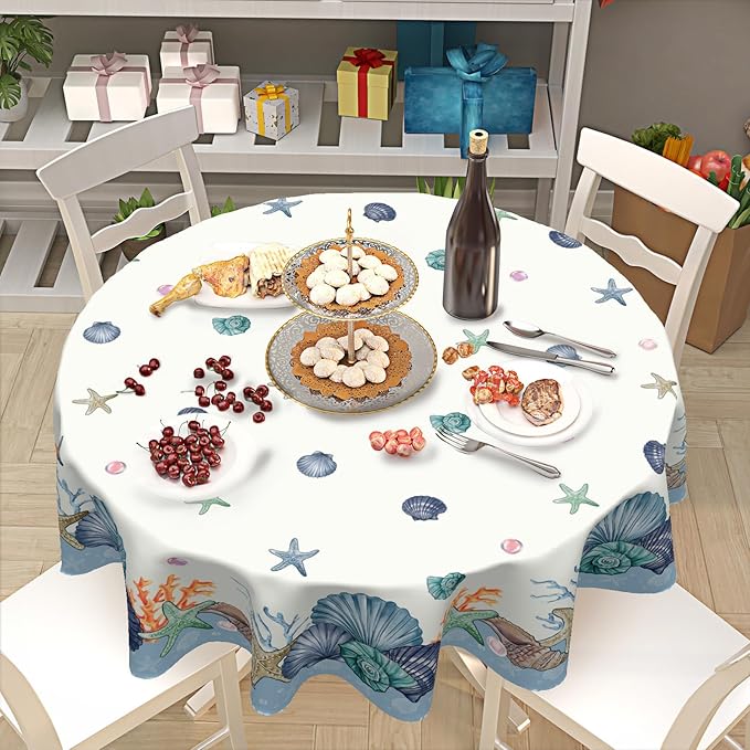 Summer Nautical Coastal Round Tablecloth 70 Inch Coral Shells Starfish Circle Table Cloth Blue Table Cover Washable Polyester Decorations for Kitchen Dinning Room Party