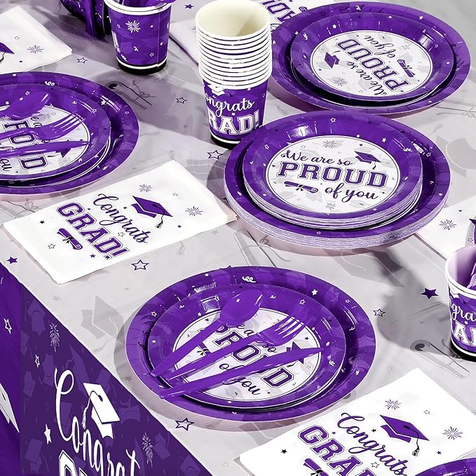Graduation Party Supplies Congrats Grad Plates and Napkins Set Disposable Tableware Paper Plates Napkins Cups Knives Spoons Forks Straw for Class of 2025 Graduation Party Decorations Serve100 (Purple)