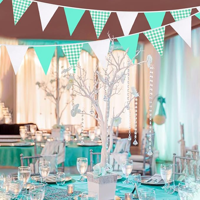 32Ft Aqua Green Plaid Checkered Party Banners Gingham Triangle Pennant Flag Bunting Fabric Garland Streamers for Wedding Birthday Picnic BBQ Bridal Baby Shower Outdoor Garden Festivals Decoration