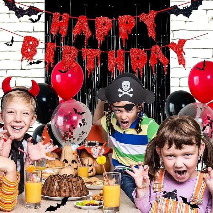 Red Glittery Happy Birthday Halloween Banner Black Foil Curtains Backdrop 3D Bat Sticker and Latex Balloons Confetti Balloon for Birthday Party Decorations Scary Party Supplies