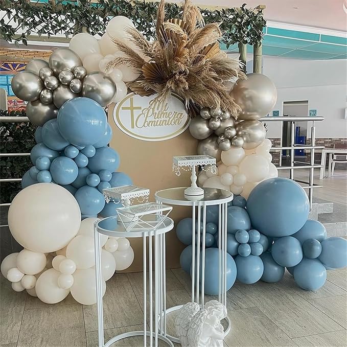 Dusty Blue Balloon Set, 60Pcs 12 Inch Retro Baby Slate Blue Ivory White Metallic Silver Balloons Birthday Decor, Pastel Blue Beige Cream Ocean Balloon for Bridal Wedding Gender Reveal Party Decoration