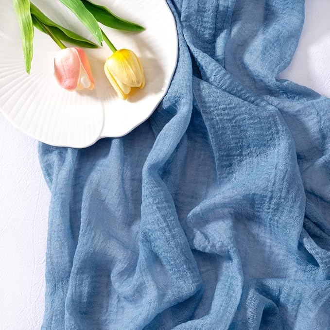 Socomi Dusty Blue Easter Spring Gauze Cheesecloth Table Runner 120 Inch Rustic Boho Cheese Cloth Runner for Wedding Party Baby Bridal Shower Centerpiece Decoration Holiday Home Decorations
