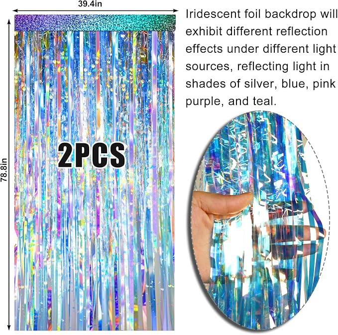 2 Packs Iridescent Foil Fringe Curtain, Neon Transparent Holographic Tinsel Backdrop for Birthday, Wedding, Baby Shower, Mermaid, Euphoria, Iridescent Party Decorations Supplies