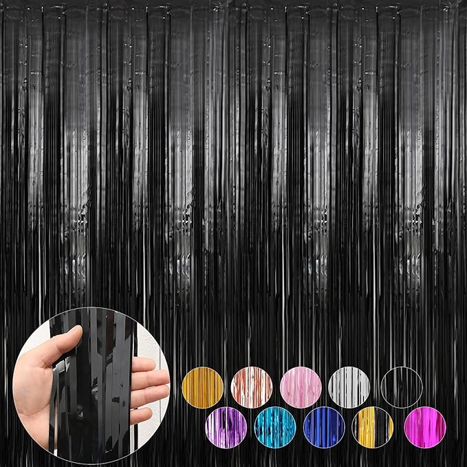6 Pack Black Foil Fringe Curtains Streamers Party Decorations 3.3 x 8.2 ft, Black Tinsel Curtain Fringe Backdrop for Parties, Door Fringe Birthday Streamers, Photo Booth Backdrops, Party Decor