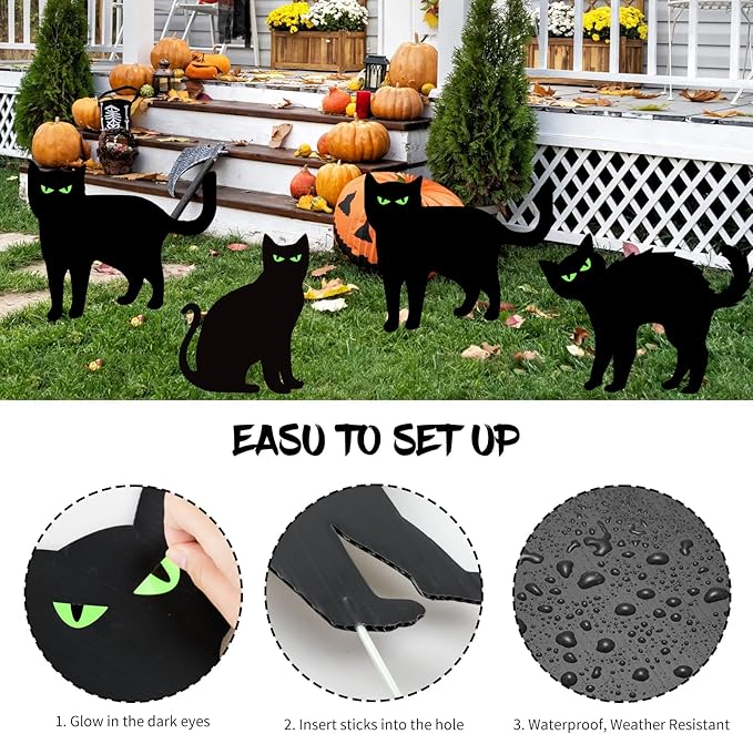 Halloween Decorations Outdoor 6 PCS Black Cat Yard Signs with Stakes Scary Silhouette with Glow in Eyes Waterproof for Yard Lawn Garden Indoor Home Halloween Decor