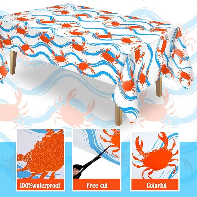 Juexica 2 Pcs 54 x 108 Inch Crab Boil Party Table Cloth Summer Seafood Party Supplies Plastic Crab Tablecover Decorations Rectangular for Sea Animals Dining Kitchen Centerpiece (Blue Waves Style)
