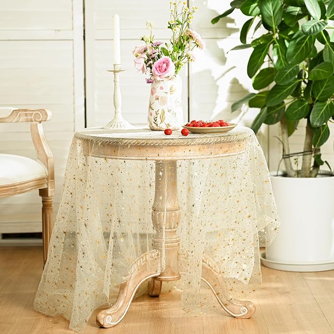 Horaldaily Beige Gold Sparkling Star Gauze Tablecloth 60x140 Inch Rectangular, Golden Star Sequin Glitter Metallic Foil, Sheer Tulle Cheesecloth for Wedding Baby Shower Party