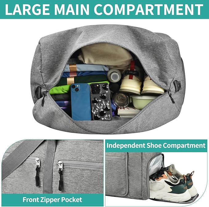 Dimayar 40L Travel Duffle Bag - Foldable Duffel Bag with Shoes Compartment - Overnight Bags Waterproof & Tear Resistant(Gray)