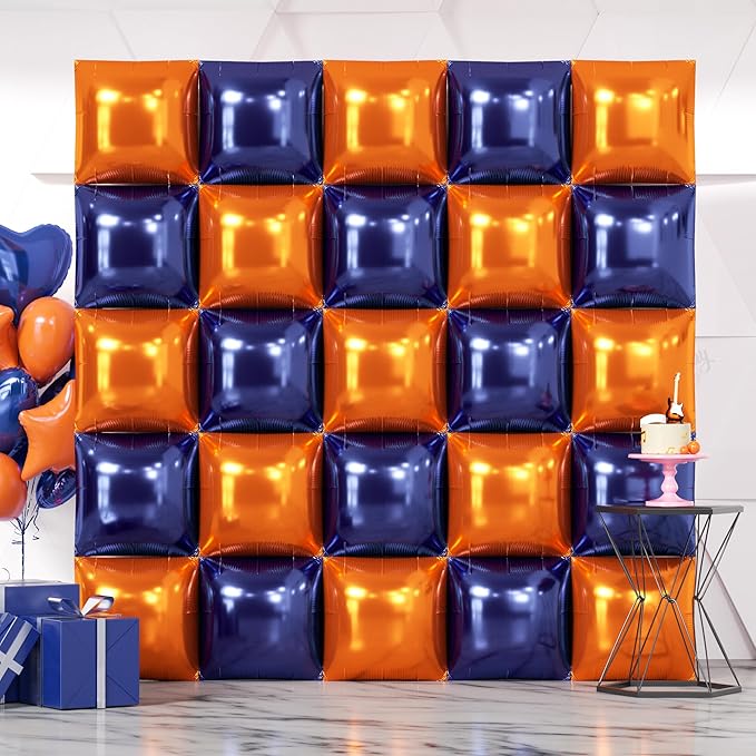 NISOCY 25PCS Navy Blue and Orange Square Foil Balloons Wall Backdrop Double Sided Orange Navy Blue Balloons Arch Kit for Birthday Graduation Anniversary Baby Shower Kids Party Decorations