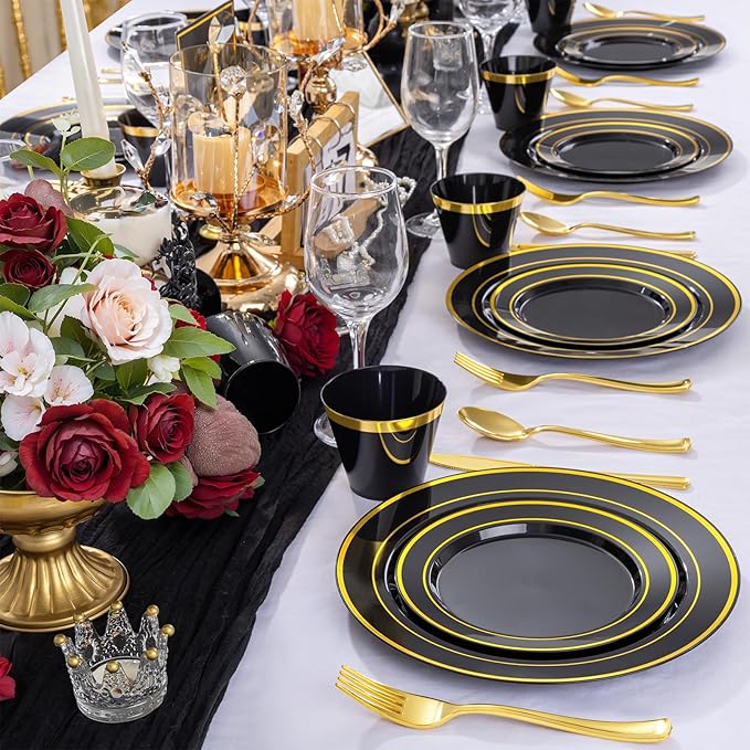 WELLIFE 600 PCS Black and Gold Disposable Dinnerware Set for 100 Guests, Gold rimmed Plastic Dinner Plates,Salad Plates,Cups,Silverware Set for New Year Party Supplies