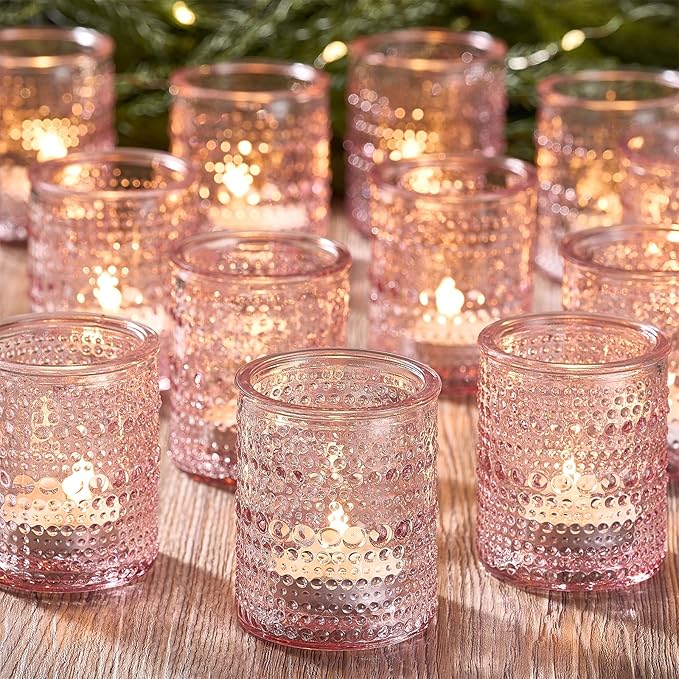 24 Pack Clear Glass Votive Candle Holders, Vintage Candle Holder for Floating Candle, Tealight Candle Holder for Table Centerpieces Home Bridal Shower Birthday Christmas Table Decoration (Pink)