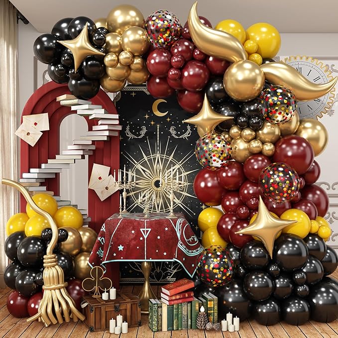 Black Burgundy Gold Balloons Garland Kit Burgundy Maroon Black Metallic Confetti Balloon Arch with Gold Long Balloon Star Foil Balloons for Halloween Birthday Baby Shower Party Decor