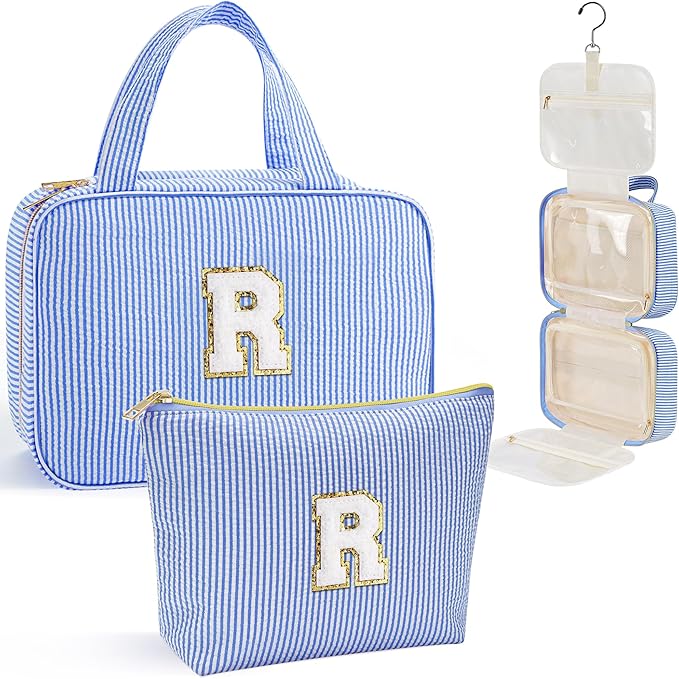 YOOLIFE Hanging Toiletry Bag - Large Capacity Personalized Travel Toiletry Bag for Women, Cruise Ship Essentials - Letter R, Blue