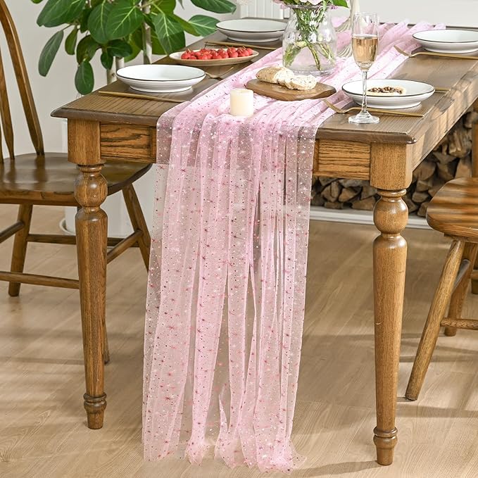 Horaldaily Pink Gold Sparkling Star Gauze Tablecloth 60x104 Inch Rectangular, Pink Star Sequin Glitter Metallic Foil, Sheer Tulle Cheesecloth for Wedding Baby Shower Party
