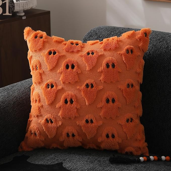 DFXSZ Halloween Pillow Covers 16x16 inch Set of 2 Orange Ghost Throw Pillow Cases Soft Plush Faux Fur Wool Couch Cushion Case for Chair Sofa Bedroom Living Room Home Decor PTK03C16