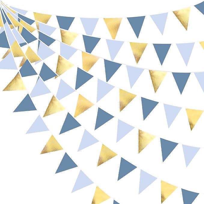 32Ft Dusty Blue Gold Party Decorations Dusty Blue Gold Triangle Banner Flag Pennant Fabric Garland Streamers for Nautical Birthday Ahoy Achor Bridal Baby Shower Sea Summer Graduation Party Decor