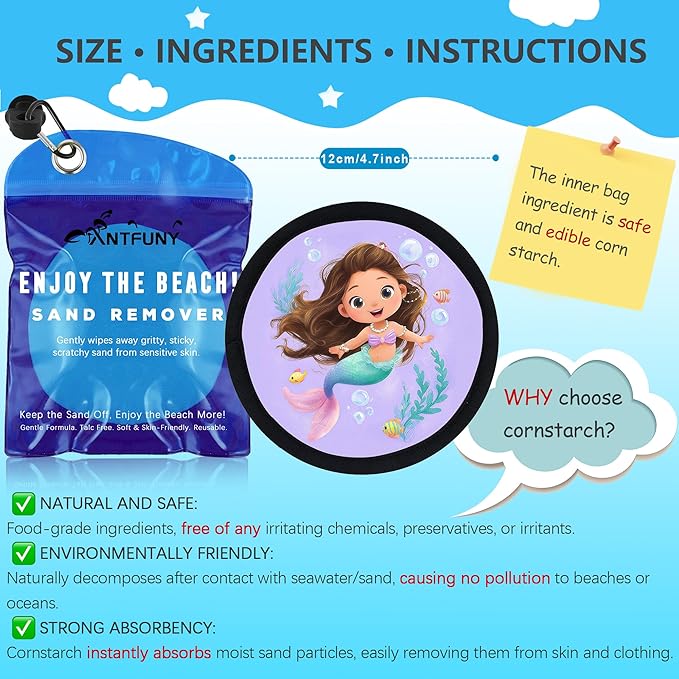 Antfuny Sand Remover Eraser Mermaid Removal Bag Mitt Brush Wipe Off Beach Vacation Essentials Travel Necessities Supplies Lake Day Activities Hawaii Trip Must Have Family Toy Game Towel Sifter Cloud