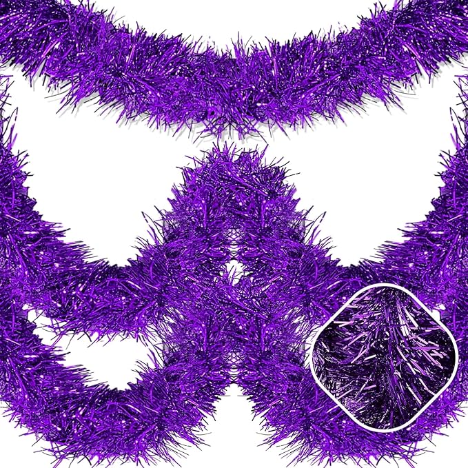 50 Feet Purple Christmas Tinsel Garland, Metallic Foil Twist Garland Wall Hanging Tinsel Banner Backdrop for Parade Floats, Easter, Mother's Day, Wedding Party Decorations (2in x 50ft)