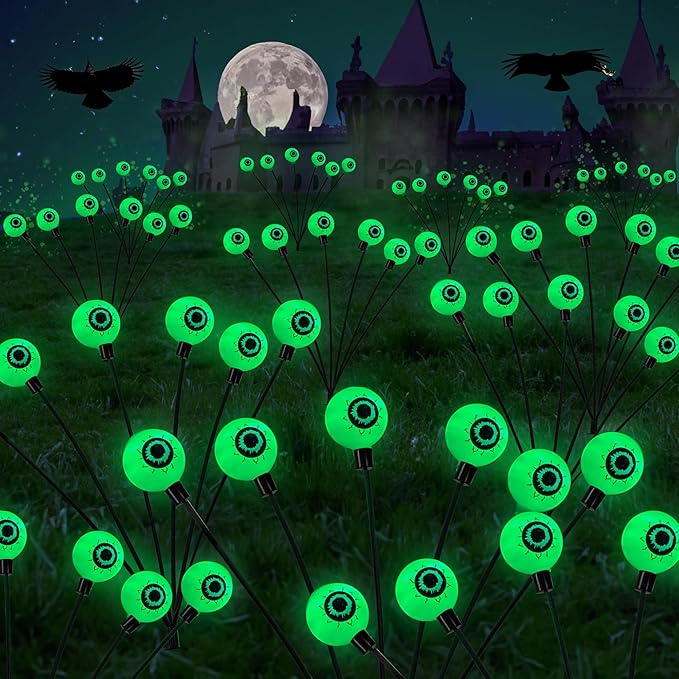 Dazzle Bright Halloween Decorations Outdoor, 6 Pack 36LED Solar Eyeball Pathway Lights, Scary Waterproof Solar Green Firefly Lights for Garden Lawn Yard Decor