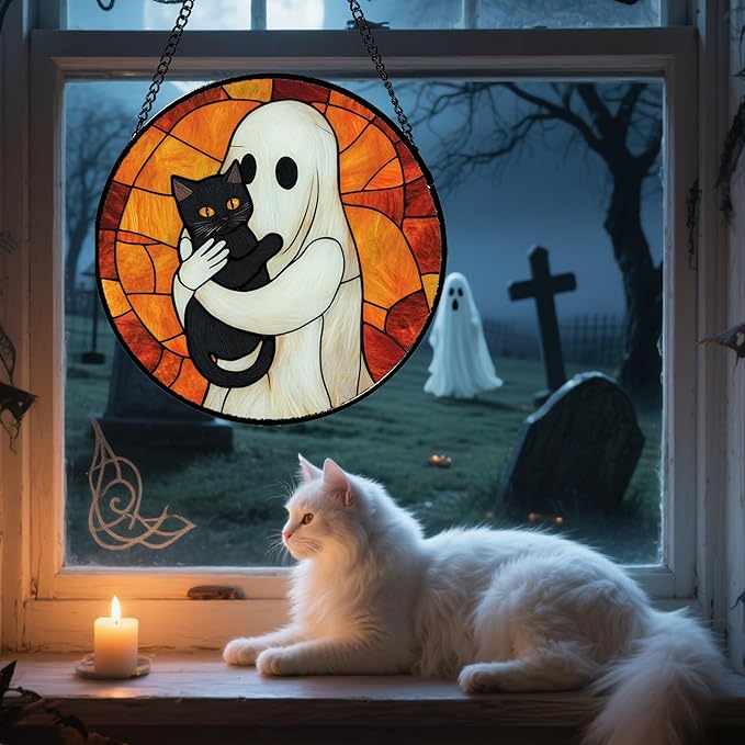 Stained Glass Window Hanging - Halloween Decorations White Ghost Black Cat Suncatcher for Doors Garden Spooky Funny Orange Sun Catchers Gothic Decor Horror Gifts for Women Men Friend 6.3 in