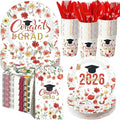 400 Pcs Class of 2026 Red Floral Graduation Decorations for 50 Guests, Red Gold Flower Graduation Paper Plates Napkins and Cups Cutlery Grad Tableware for 2026 Congrats Grad Party Supply
