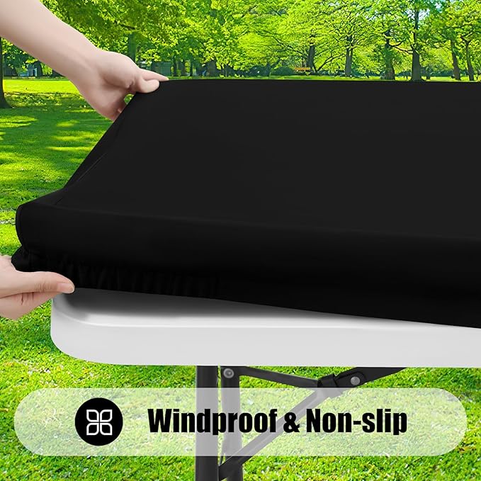 Smiry 2 Pack Rectangle Picnic Table Cloth, Waterproof Elastic Fitted Tablecloths, Washable Polyester Rectangular Patio Table Cover for Camping, Indoor and Outdoor (Black, 18"x72")
