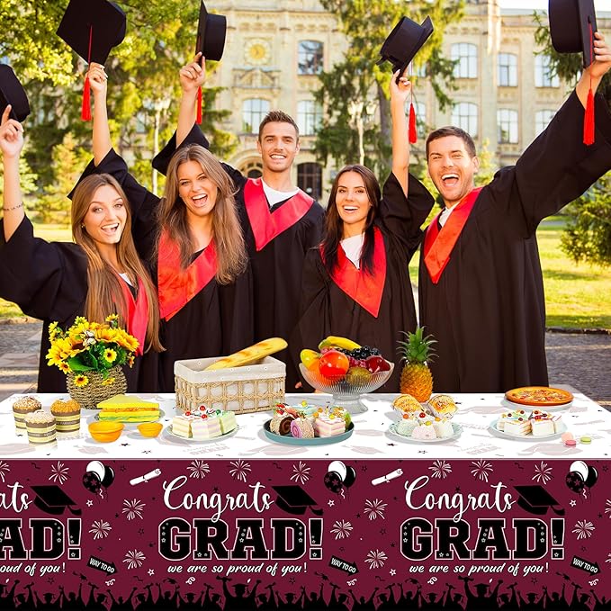 6 Pack Graduation Tablecloth Party Decorations, Class of 2026 Congrats Grad Plastic Tablecover Party Supplies, Maroon Rectangle Graduation Table Decorations for College High School Party, 54 x 108Inch
