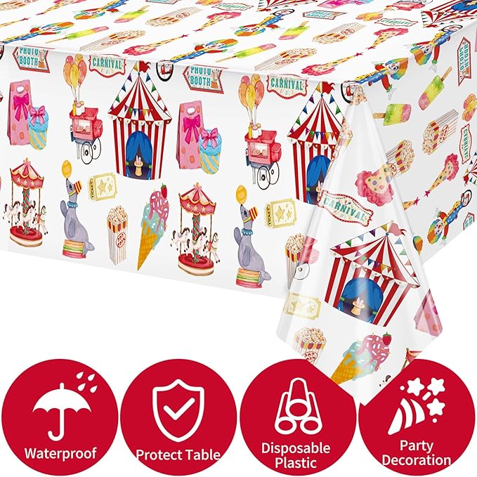 2 Pack Circus Carnival Theme Tablecloth 54 x 108 Inch Disposable Plastic Waterproof Table Cloths Circus Theme Party Decorations Tablecover for Carnival Night Movie Happy Birthday Party Supply