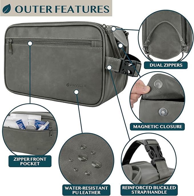 PAVILIA Toiletry Bag for Men, Travel Essentials Shaving Dopp Kit, Mens Travel Bag Toiletries Organizer Case for Grooming, PU Leather Water Resistant Cosmetic Bag Pouch (XL, Dark Grey)